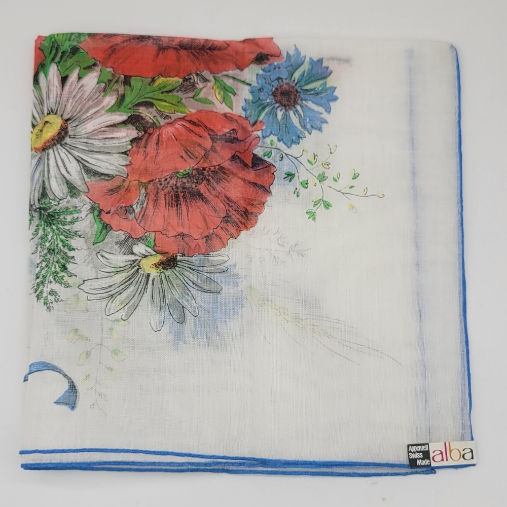 Vintage Swiss Made Alba Floral 100% Cotton Square Handkerchief